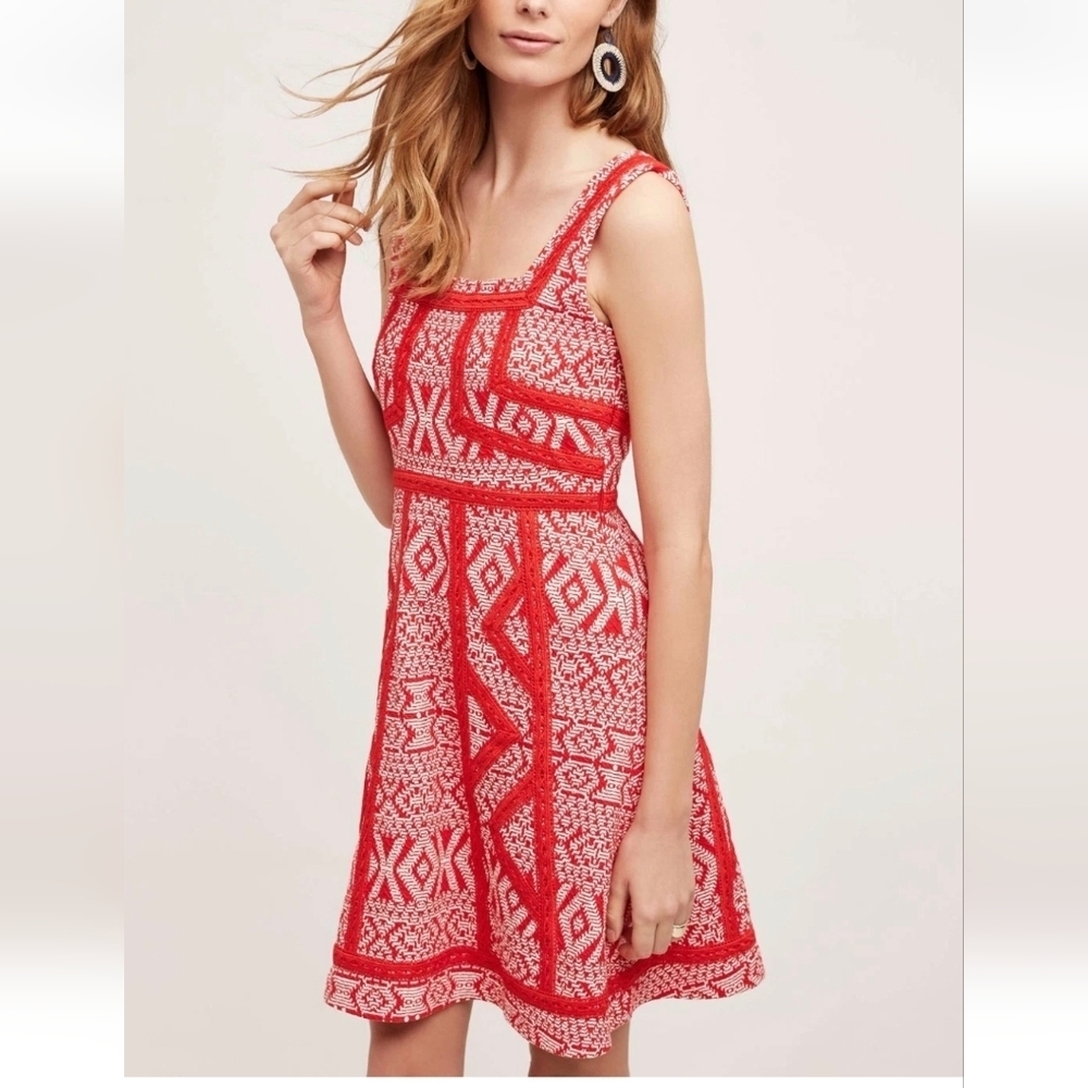 Anthropologie Maeve Emma Red and White Geometric Mini Dress